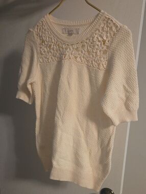LOFT Cream Crochet Yoke Short-Sleeve Knit Sweater